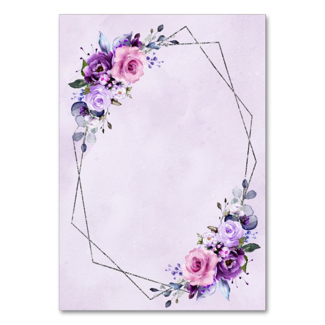 Bright Pink Lilac Purple Shades Watercolor Flowers Table Number (Front)