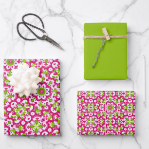 Bright Pink, Lime Green & White Pattern Wrapping Paper Sheet