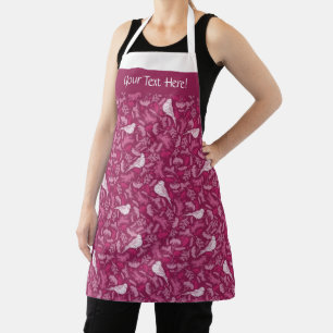 Bright Pink Mauve Winter White Bird Floral Pattern Apron