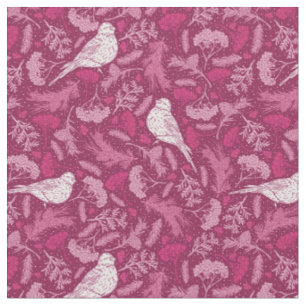 Bright Pink Mauve Winter White Bird Floral Pattern Fabric