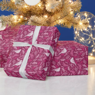 Bright Pink Mauve Winter White Bird Floral Pattern Wrapping Paper