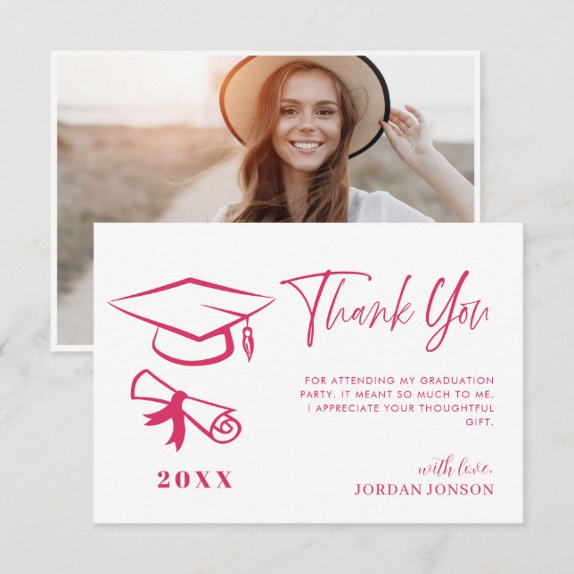 Bright Pink Minimalist Modern Graduation Photo Thank You Card (Front/Back)