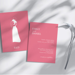 Bright Pink modern HandDrawn Couple Wedding Invitation