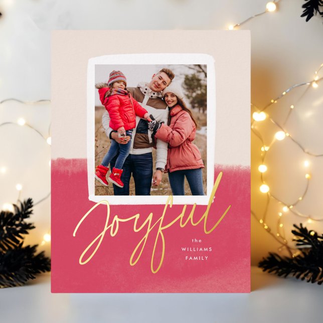 Bright Pink Modern Joyful Script Christmas Photo Foil Holiday Postcard (modern Christmas photo card with real gold foil "joyful" script and pink watercolor background.)