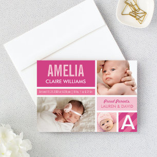 Bright Pink Modern Photo Collage Baby Girl Birth Announcement