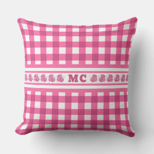 Bright Pink Monogram Gingham Girly Plaid Cushion