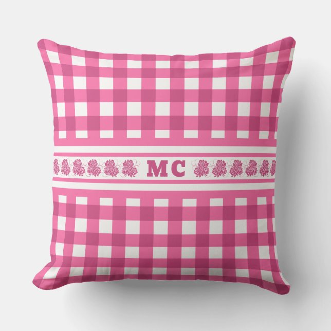 Bright Pink Monogram Gingham Girly Plaid Cushion (Front)