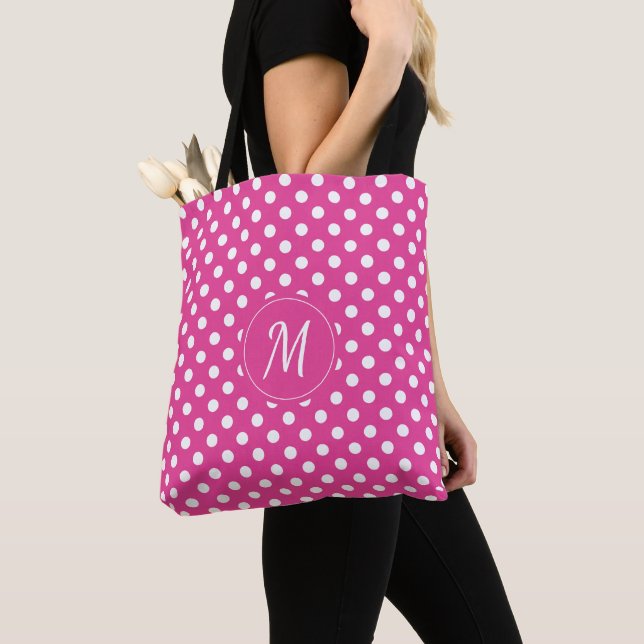 Bright Pink Monogram Polka Dots Tote Bag (Close Up)