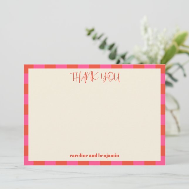 Bright Pink Orange Chequerboard Personalised Names Thank You Card (Standing Front)