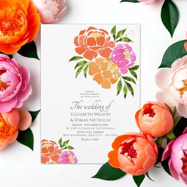 Bright Pink Orange Coral Floral Summer Wedding Invitation (Creator Uploaded)