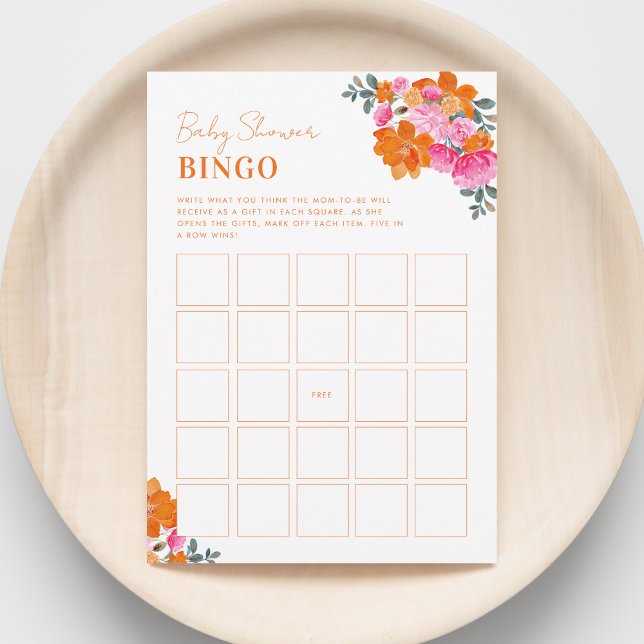 Bright Pink Orange Floral Baby Shower Bingo Game Invitation (Creator Uploaded)