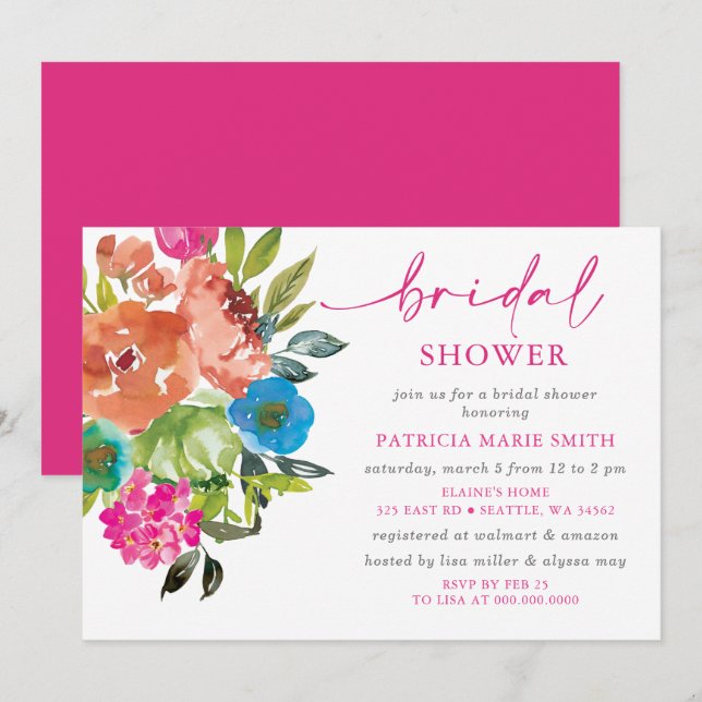 Bright Pink Orange Floral Bridal Shower Invitation (Front/Back)