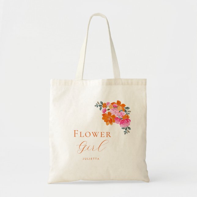Bright Pink Orange Floral Flower Girl Name Wedding Tote Bag (Front)