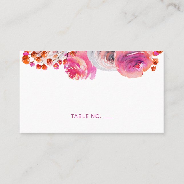 Bright Pink Orange Floral Name Flat Place Card (Front)