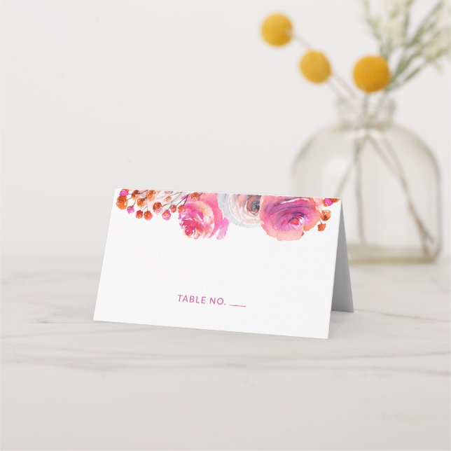 Bright Pink Orange Floral Name Folded Place Card (Front)