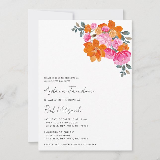 Bright Pink Orange Floral Vibrant Bat Mitzvah      Invitation (Front)