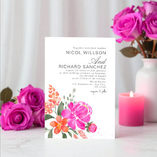 Bright Pink & Orange Floral Wedding  Invitation
