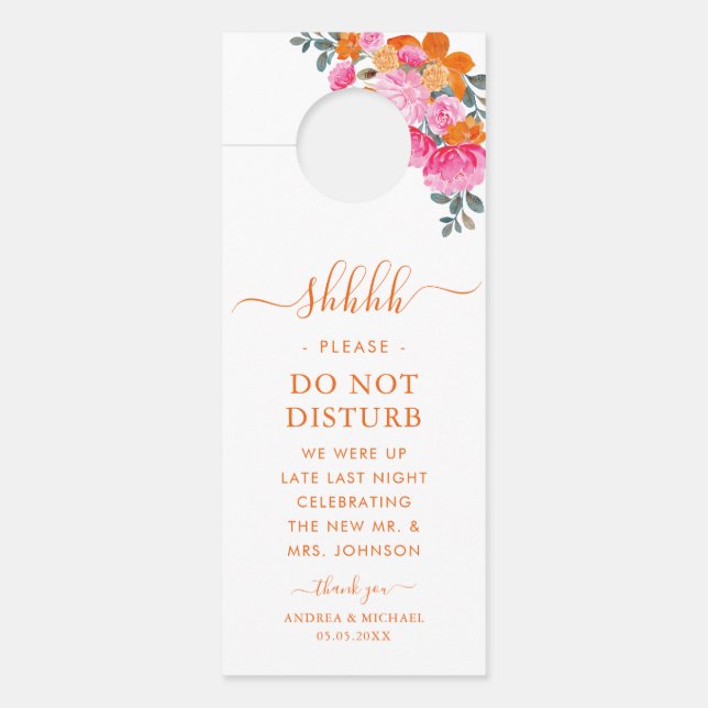 Bright Pink & Orange Floral Wedding Party Hotel Door Hanger (Front)