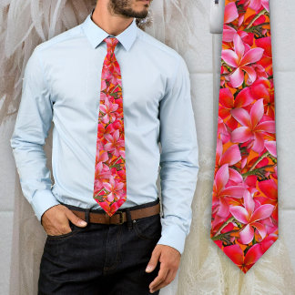 Bright Pink Orange Hawaiian Plumeria Print Tie
