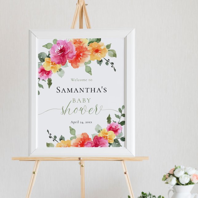 Bright pink orange peony girl baby shower welcome poster (Creator Uploaded)