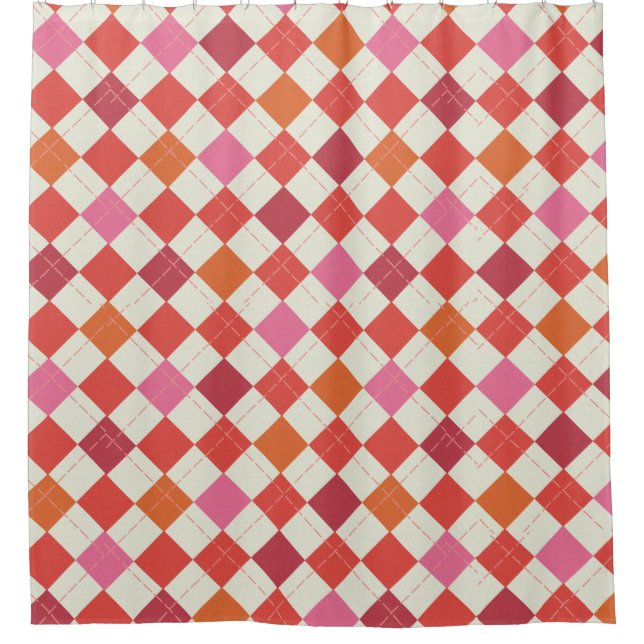 Bright Pink, Orange, Red, White Argyle Patterned Shower Curtain (Front)