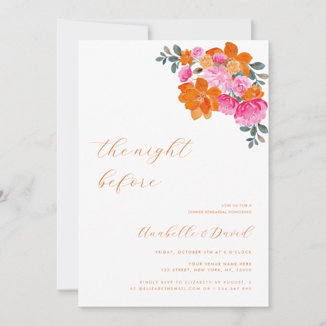 Bright Pink Orange Vibrant Floral Rehearsal Dinner Invitation (Front)