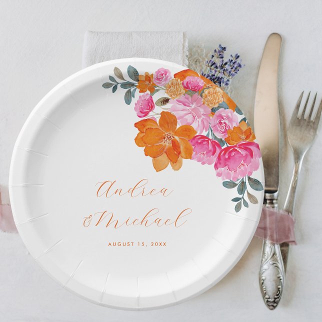 Bright Pink & Orange Vibrant Summer Floral Wedding Paper Plate (Creator Uploaded)
