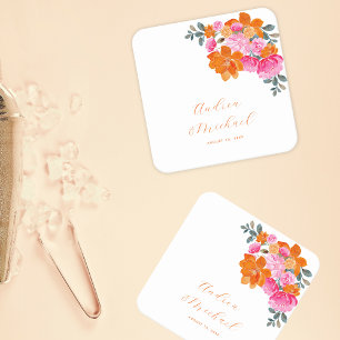 Bright Pink & Orange Vibrant Summer Floral Wedding Square Paper Coaster
