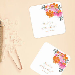 Bright Pink & Orange Vibrant Summer Floral Wedding Square Paper Coaster