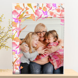 Bright Pink Orange Watercolor Wildflower Grandma Photo Block