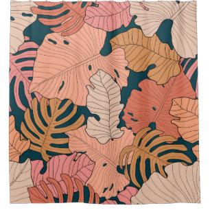 Bright pink, orange, yellow leaves of monstera and shower curtain