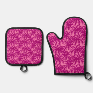 Bright pink palm pattern oven mitt & pot holder set