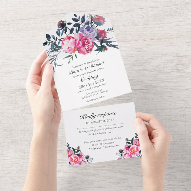 Bright Pink Peony Floral Monogram Elegant Wedding All In One Invitation (Tearaway)