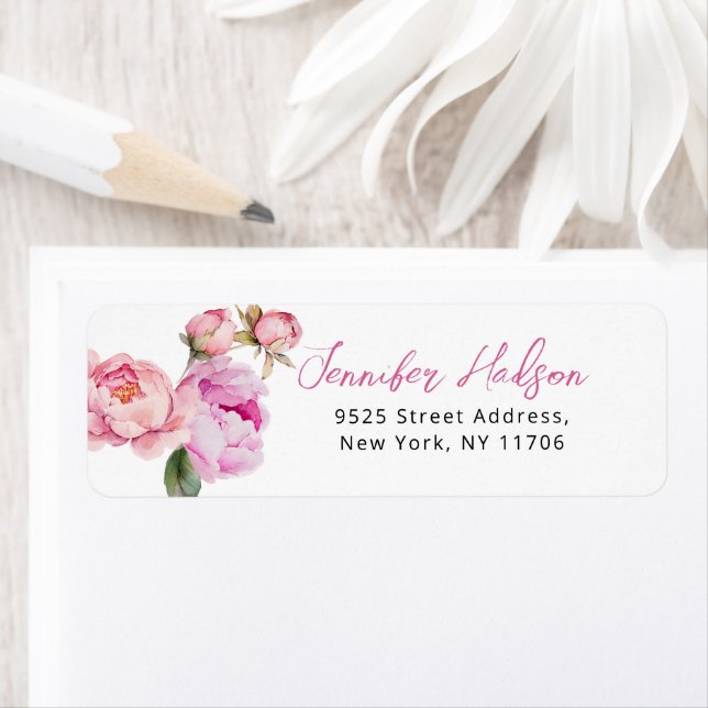 Bright pink peony floral wedding return Address (Insitu)