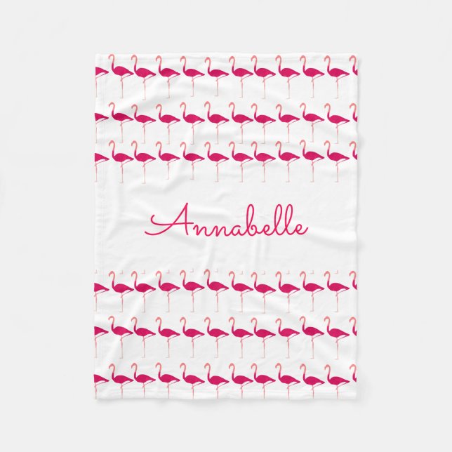 Bright Pink Personalised Watercolor Flamingo Print Fleece Blanket (Front)