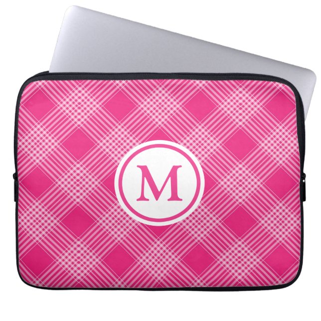 Bright Pink Plaid Monogram Laptop Sleeve (Front)