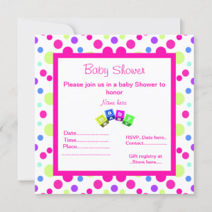 BRIGHT PINK POLKA DOT BLOCKS BABY SHOWER INVITATIO INVITATION