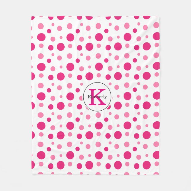 Bright Pink Polka Dots Custom Name & Monogram Fleece Blanket (Front)