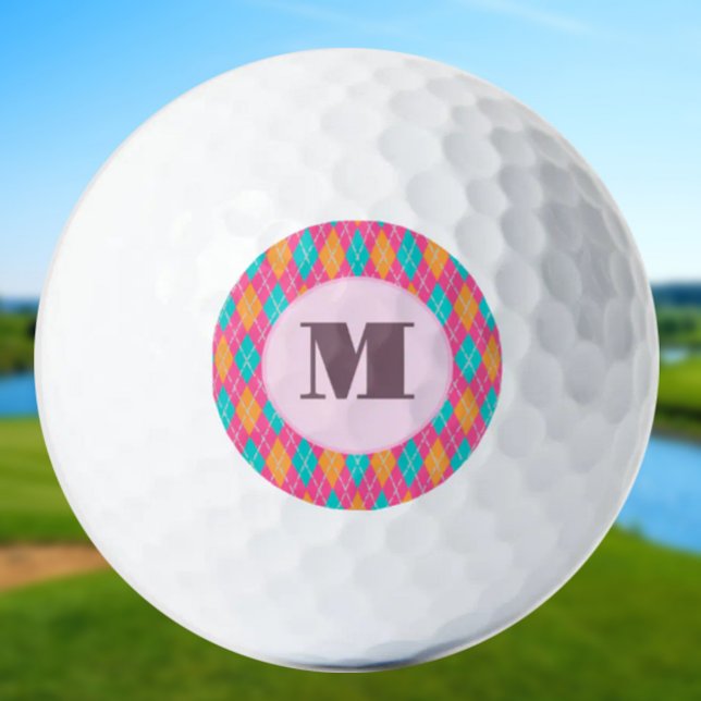 Bright Pink preppy argyle custom monogram ladies Golf Balls (Creator Uploaded)