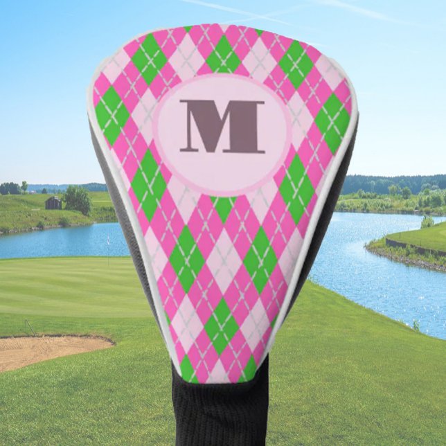 Bright Pink preppy argyle custom monogram womens Golf Head Cover (Creator Uploaded)