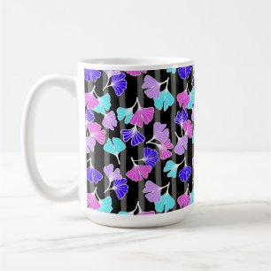 Bright Pink Purple Aqua Ginkgos on Black Stripe Coffee Mug