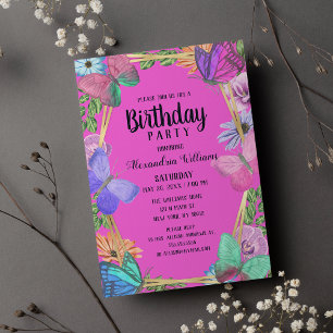 Bright Pink Purple Floral Butterfly Birthday Invitation Postcard