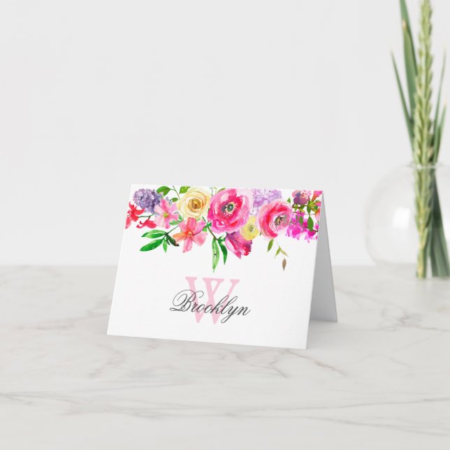 Bright Pink Purple Floral Monogrammed Note Card (Front)