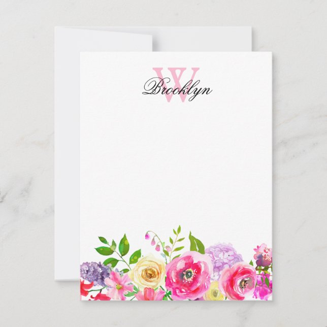 Bright Pink Purple Floral Monogrammed Note Card (Front)