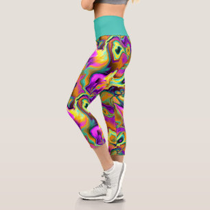 Bright Pink Purple Teal Turquoise Marble Fractals Capri Leggings