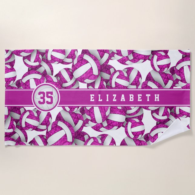 Bright pink purple volleyballs pattern her name  beach towel (Front)
