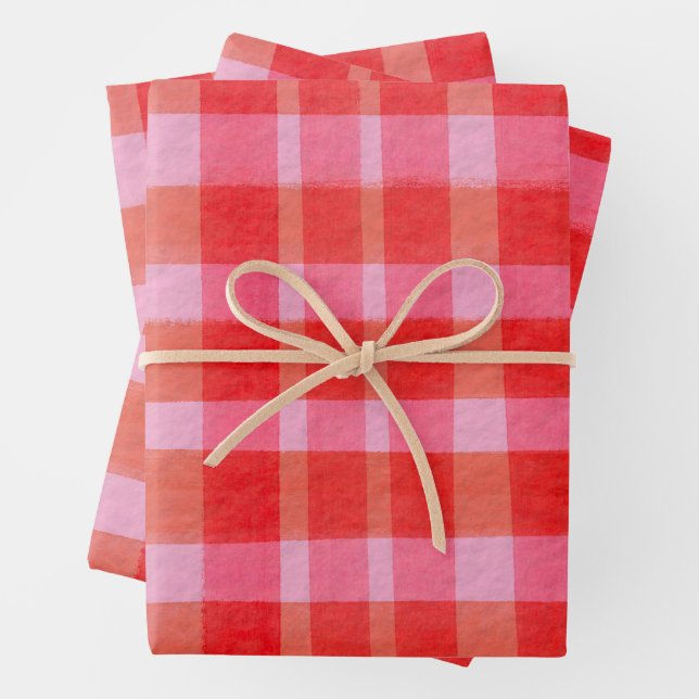 Bright Pink Red Painterly Plaid Christmas Holiday Wrapping Paper Sheet (In situ)