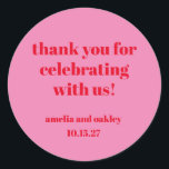 Bright Pink Red Retro Custom Wedding Thank You  Classic Round Sticker<br><div class="desc">Show your appreciation in style with these modern pink and red wedding thank you stickers. Featuring bold typography and a trendy minimalist design, these custom stickers are perfect for sealing envelopes, decorating wedding favours, or adding a thoughtful touch to gift packaging. Personalise them with your names and wedding date for...</div>