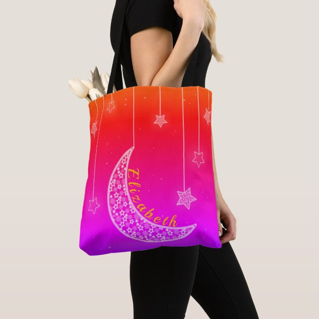 Bright Pink & Red with Stars & Moon Tote Bag (Close Up)