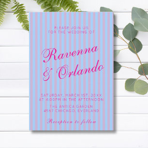 Bright Pink Retro Blue Pink Stripe Wedding Invitation